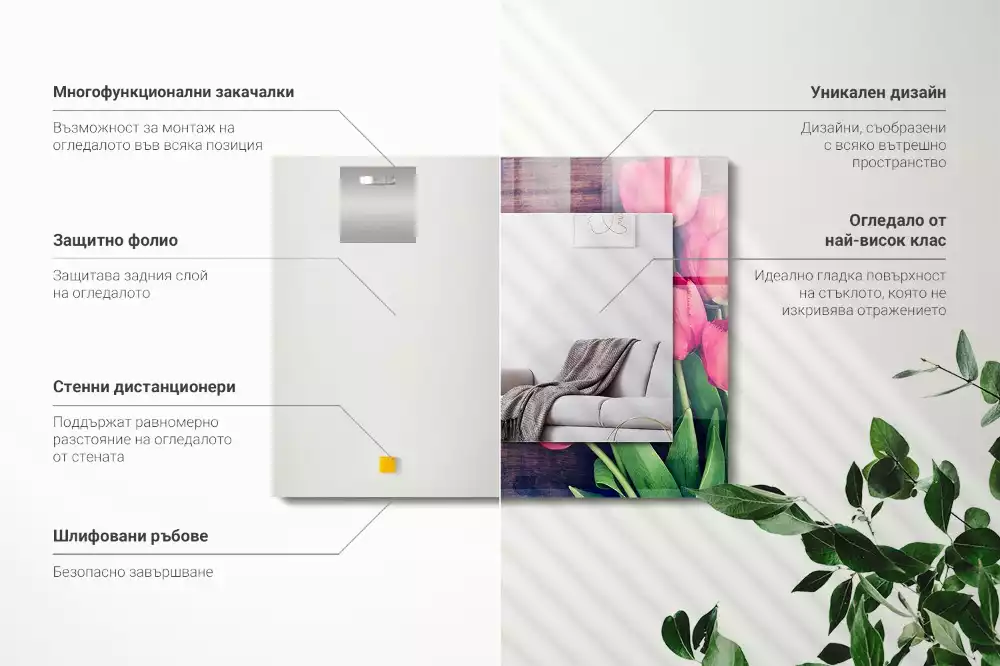 Espelho com moldura decorada Tulipas cor de rosa de madeira