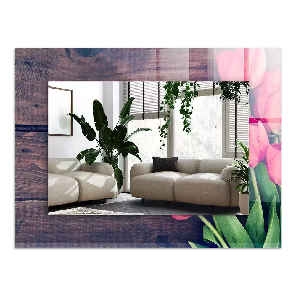 Espelho com moldura decorada Tulipas cor de rosa de madeira