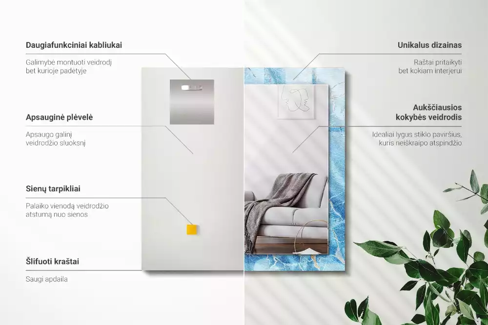 Espelho com moldura decorada Padrão de mármore azul