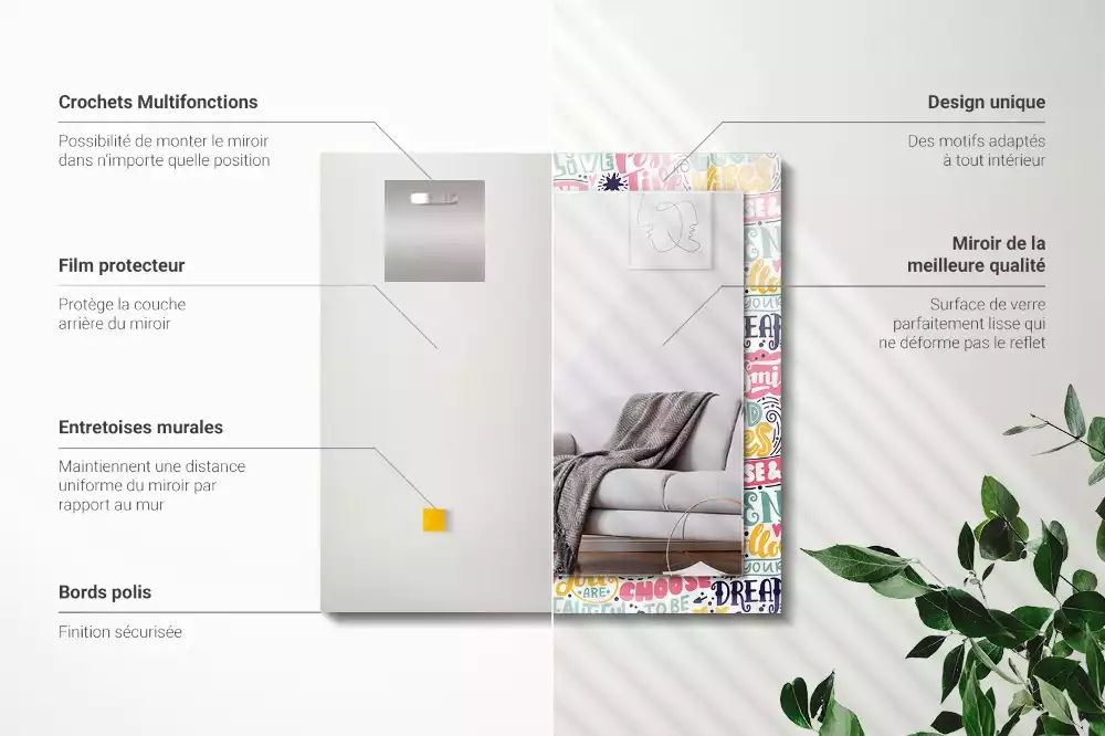 Espelho com moldura decorada Inscrições motivacionais coloridas