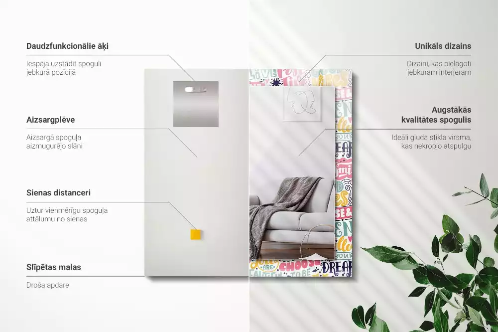 Espelho com moldura decorada Inscrições motivacionais coloridas