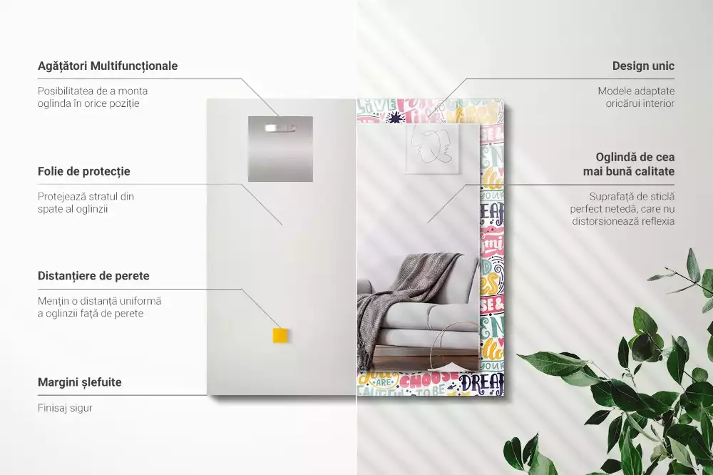 Espelho com moldura decorada Inscrições motivacionais coloridas