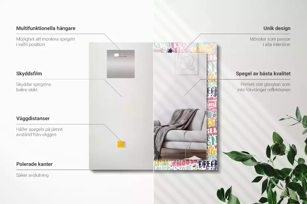 Espelho com moldura decorada Inscrições motivacionais coloridas