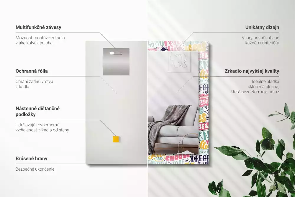 Espelho com moldura decorada Inscrições motivacionais coloridas
