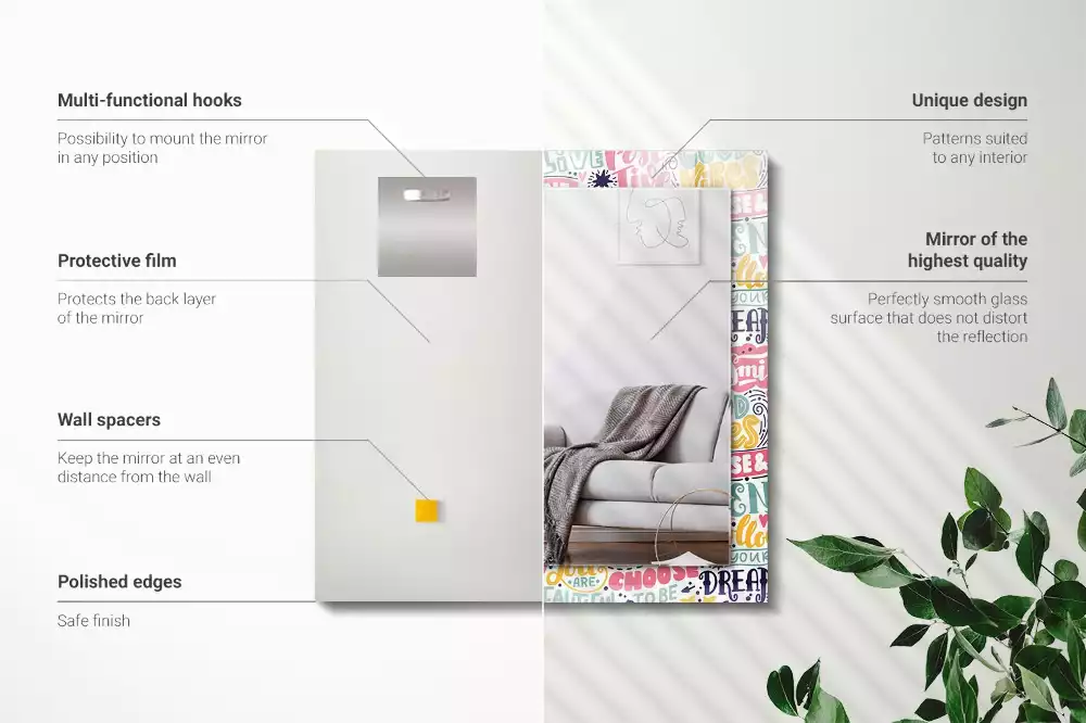 Espelho com moldura decorada Inscrições motivacionais coloridas