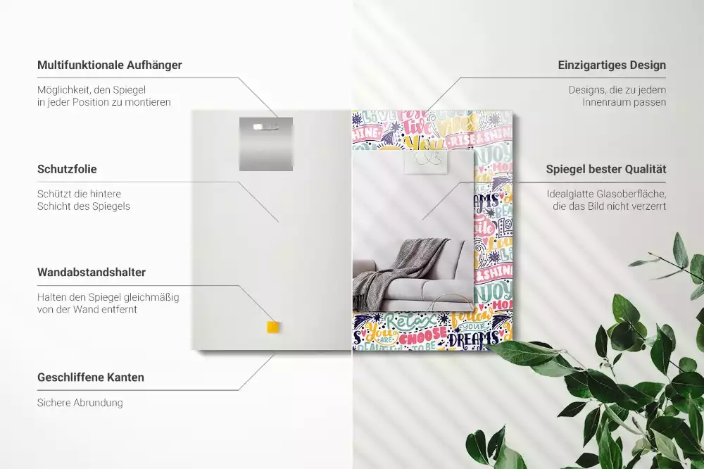 Espelho com moldura decorada Inscrições motivacionais coloridas