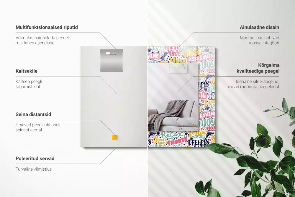 Espelho com moldura decorada Inscrições motivacionais coloridas