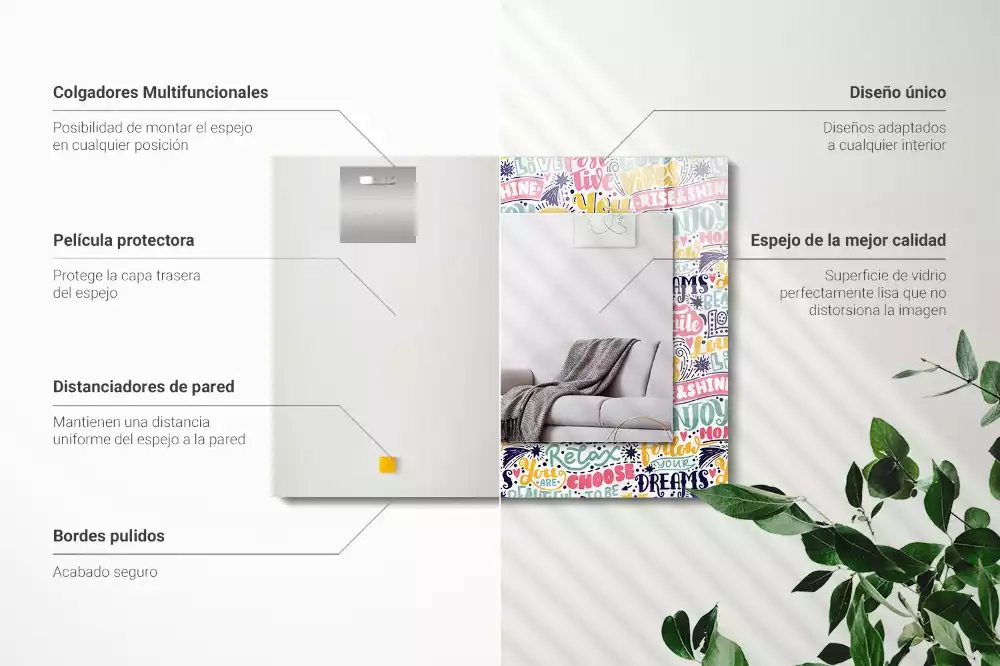 Espelho com moldura decorada Inscrições motivacionais coloridas