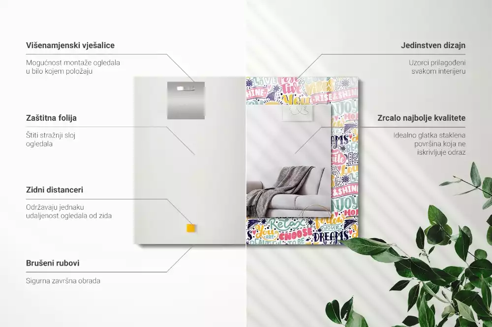 Espelho com moldura decorada Inscrições motivacionais coloridas