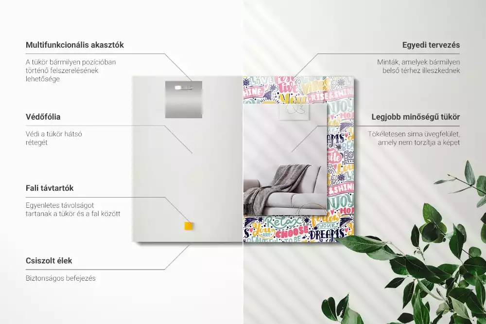 Espelho com moldura decorada Inscrições motivacionais coloridas