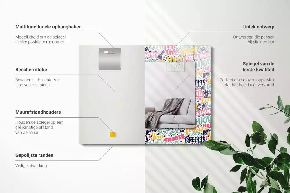 Espelho com moldura decorada Inscrições motivacionais coloridas