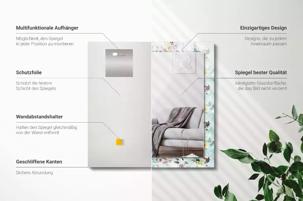 Espelho com moldura decorada Flores e pássaros