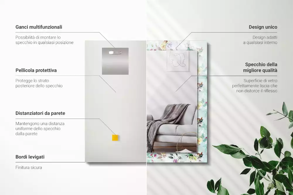 Espelho com moldura decorada Flores e pássaros