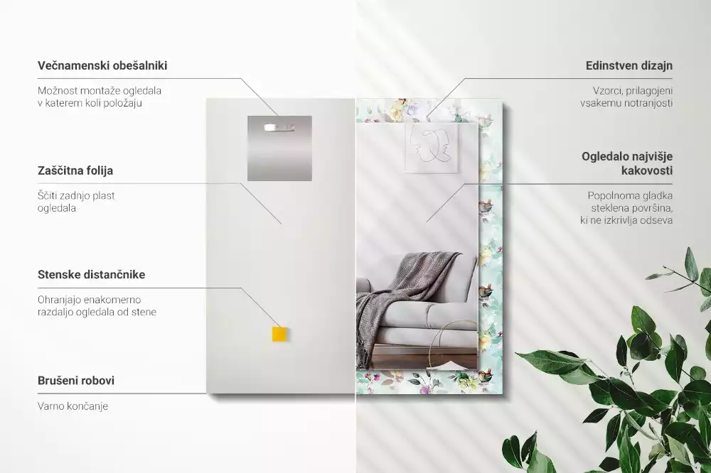 Espelho com moldura decorada Flores e pássaros