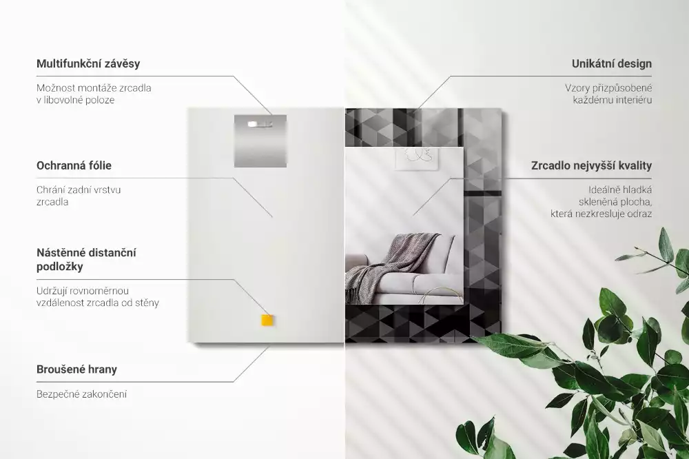 Espelho com moldura decorada Triângulos pretos e cinzas