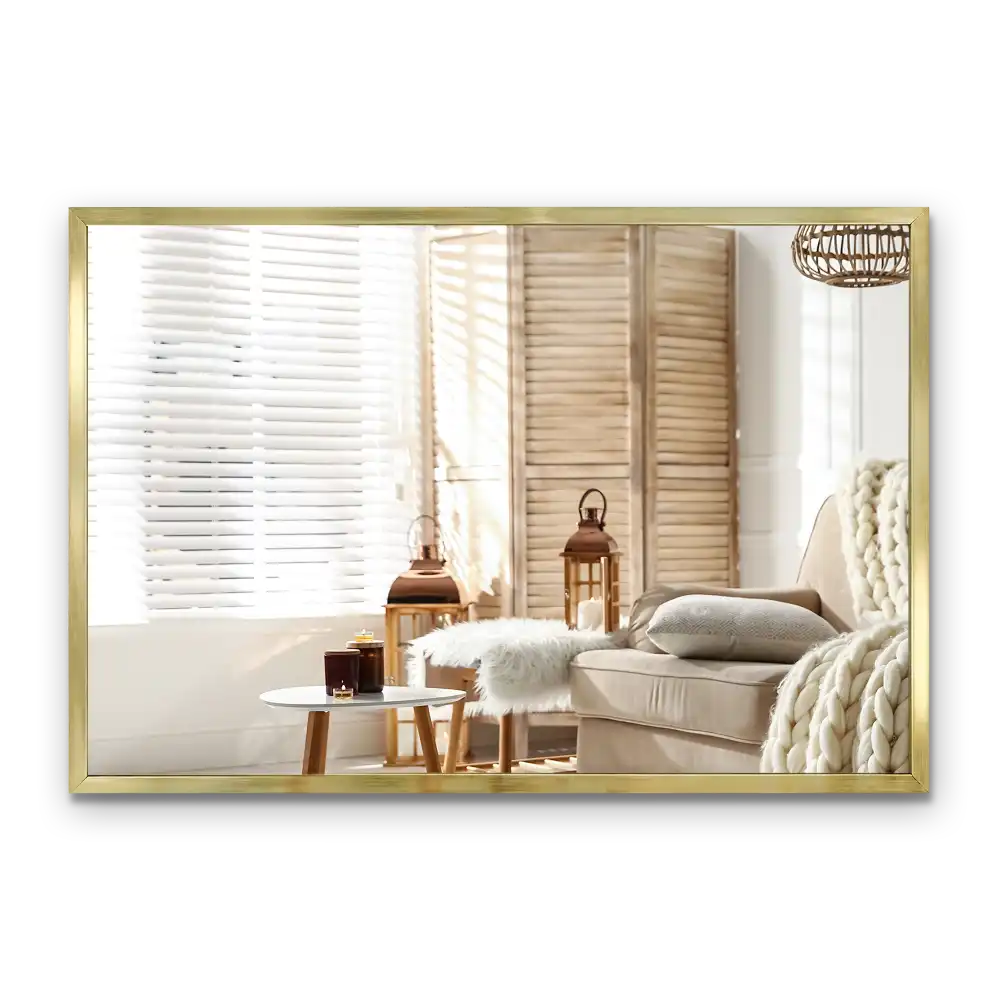 Espelho de parede retangular com moldura dourada decorativo