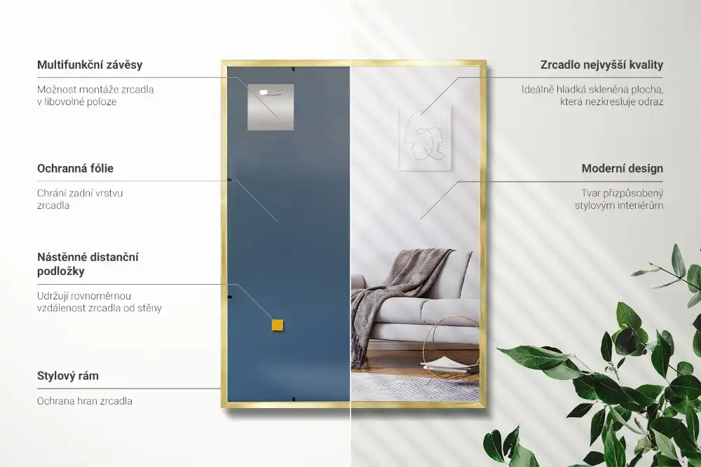 Espelho de parede retangular com moldura dourada decorativo