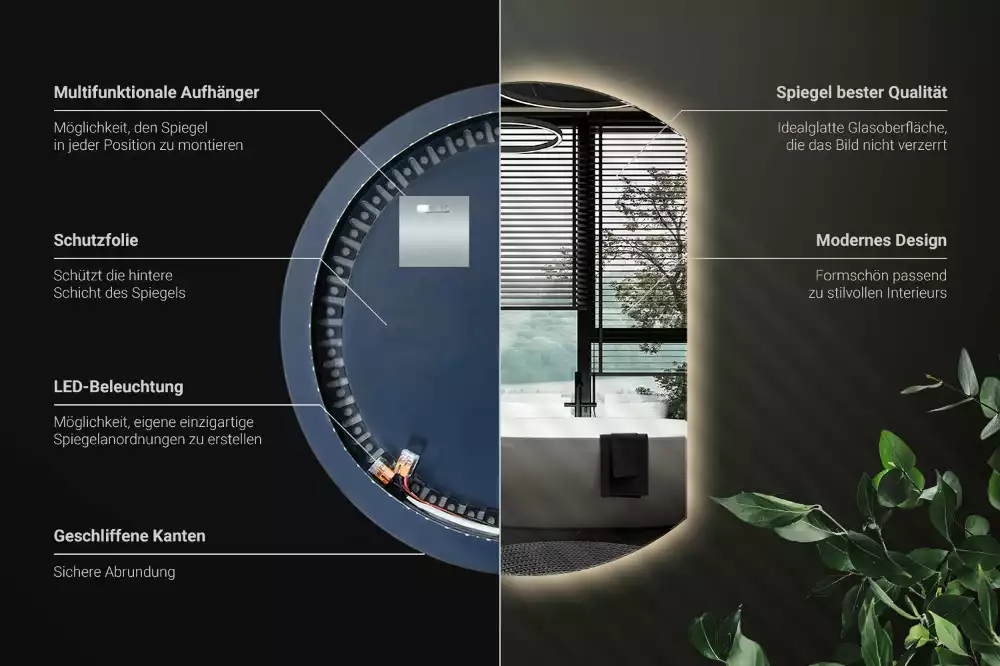Espelho em formato D atraente com LED