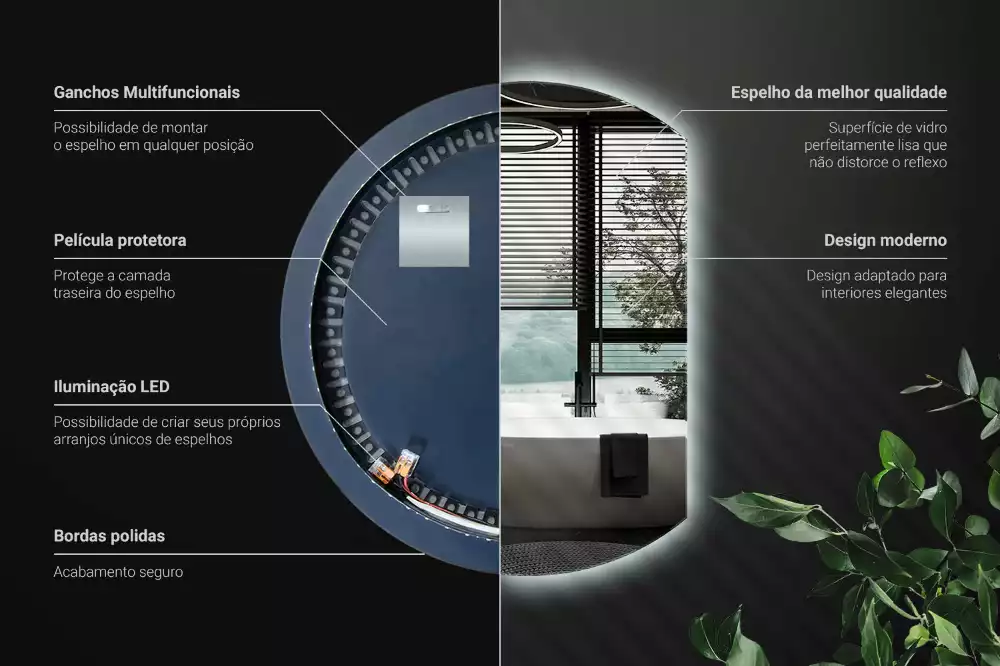 Espelho em formato D atraente com LED